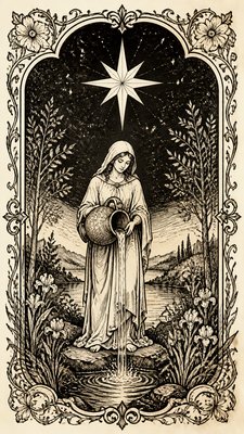 a robed figure pouring water beneath a large eight-pointed star in a night sky, symmetrical composition with an ornate decorative border, no text