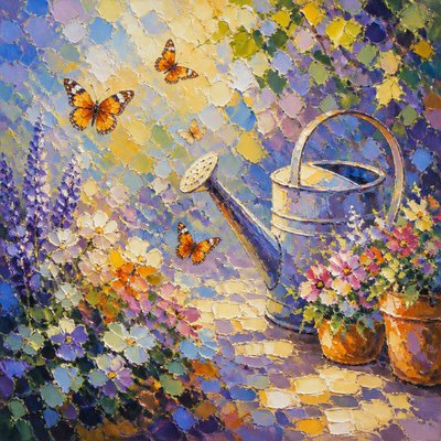 a garden scene with butterflies, flowers and a watering can, clean uncolored line art, no text