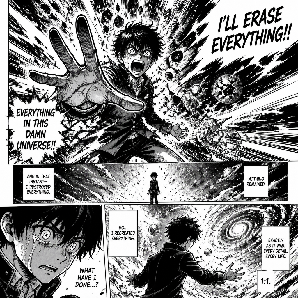 Main character just a normal student rages out and destroys the whole universe after that he realizes what he had done and recreates it 1:1.