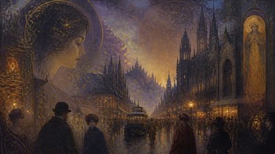 bustling city street panorama at dusk