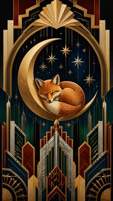 a sleeping baby fox curled on a crescent moon among soft stars, gentle and warm, no text