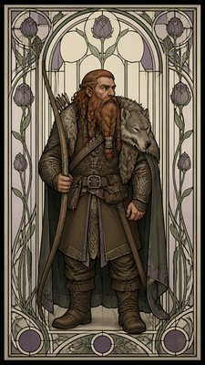 full-body original character: a dwarven ranger with a braided auburn beard, worn leather armor, a longbow and a wolf-pelt cloak, neutral background, no text