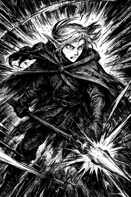 a black and white drawing of a woman holding a sword