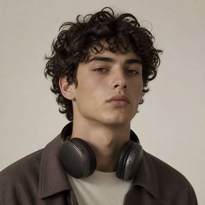 head-and-shoulders portrait of an original character: a young man with curly dark hair and headphones around his neck, plain backdrop, no text