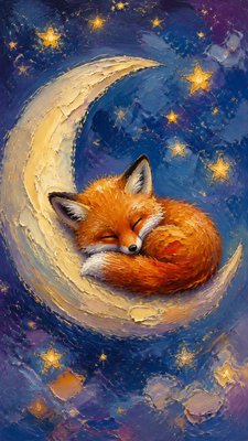 a sleeping baby fox curled on a crescent moon among soft stars, gentle and warm, no text