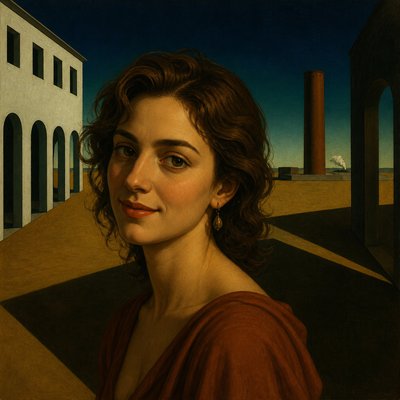 head-and-shoulders portrait of an original character: a young woman with wavy chestnut hair and a warm smile, plain soft backdrop