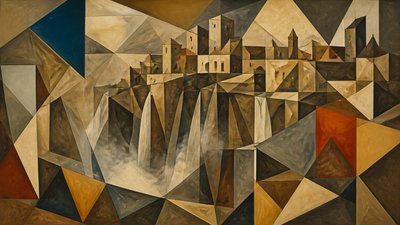 a cliffside city with waterfalls cascading into a misty canyon, wide establishing shot, no people, no text