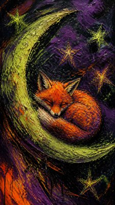 a sleeping baby fox curled on a crescent moon among soft stars, gentle and warm, no text
