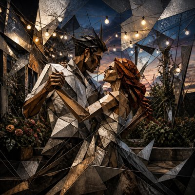 an original couple dancing under string lights in a garden at dusk: a man with short black hair in a linen shirt and a woman with braided red hair in a summer dress