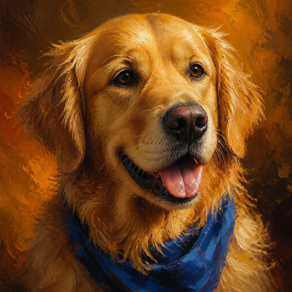 portrait of a golden retriever wearing a blue bandana, warm plain backdrop, no text