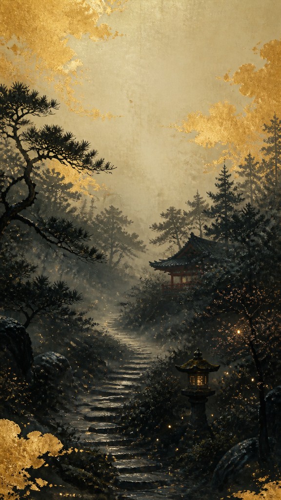 a mysterious forest path with fireflies and drifting mist, atmospheric vertical composition with open space at the top, no text