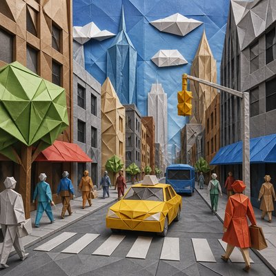 urban street with city activity — Origami Art Style