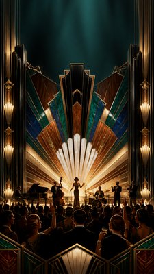 a live music scene with a glowing stage and silhouetted crowd, energetic vertical composition with open space at the top, no text
