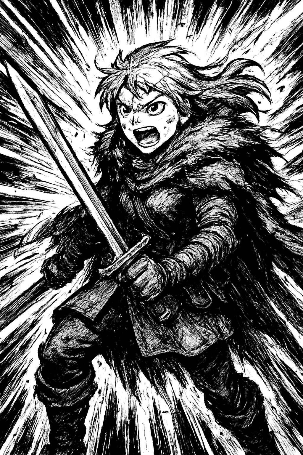 a black and white drawing of a person with a sword