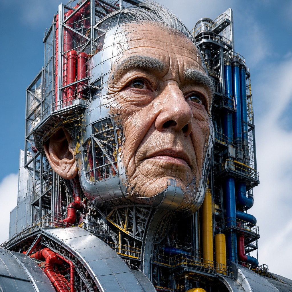 close-up portrait of an elderly person with expressive weathered features — High-Tech Architecture