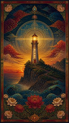 a lone lighthouse on a cliff at dusk under a dramatic sky, no text or lettering