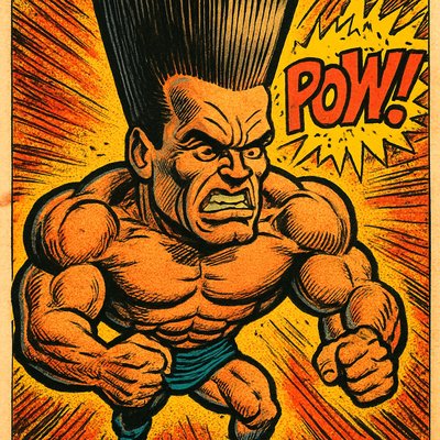 Arnold Schwarzenegger, extreme caricature, enormously tall crew cut hair, massive muscles, tiny lower body, exaggerated robotic expression, big head on tiny body, thick crisp black outlines, vibrant saturated colors, clean comic illustration style