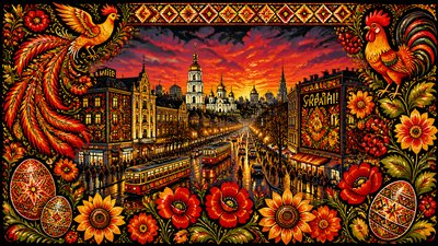 bustling city street panorama at dusk