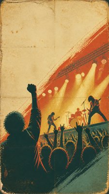a live music scene with a glowing stage and silhouetted crowd, energetic vertical composition with open space at the top, no text