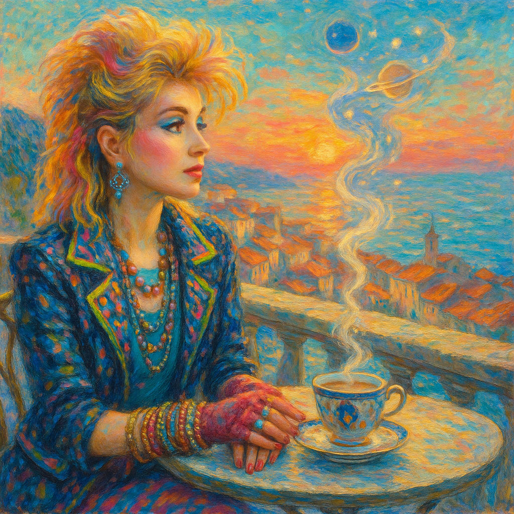A young woman with timeless 1980s glamour, Cyndi Lauper-like look, sits at a small outdoor café table on a cliff overlooking a picturesque seaside town. She gazes over the town below as the sun rises, casting radiant hues of pink, orange, and teal across the rooftops and narrow streets. She has luminous pastel makeup, bright expressive eyes, and a stylishly teased hairstyle with vivid color streaks. Her outfit is eclectic and bold: layered accessories, a patterned jacket with neon accents, fingerless gloves, and whimsical jewelry sparkling in the morning light. On the table beside her rests a delicate porcelain coffee cup of fine Italian china, painted with intricate cobalt blue, gold, and crimson designs. From the cup, steam rises, transforming into miniature planets, glowing constellations, and swirling galaxies that drift upward like vapor into the sky above. The atmosphere is cinematic, luminous, filled with radiant tones, crisp clarity, and classic beauty, with no dark overlay.