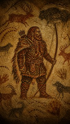 full-body original character: a dwarven ranger with a braided auburn beard, worn leather armor, a longbow and a wolf-pelt cloak, neutral background, no text