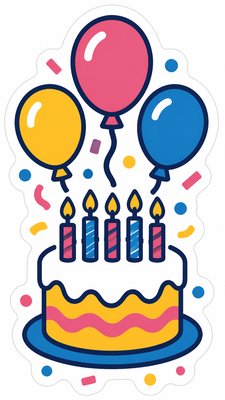 a birthday cake with lit candles surrounded by balloons and confetti, festive vertical composition, no text