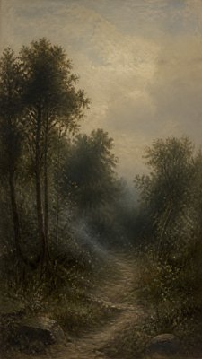 a mysterious forest path with fireflies and drifting mist, atmospheric vertical composition with open space at the top, no text