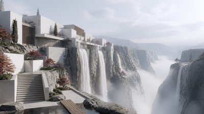 a cliffside city with waterfalls cascading into a misty canyon, wide establishing shot, no people, no text