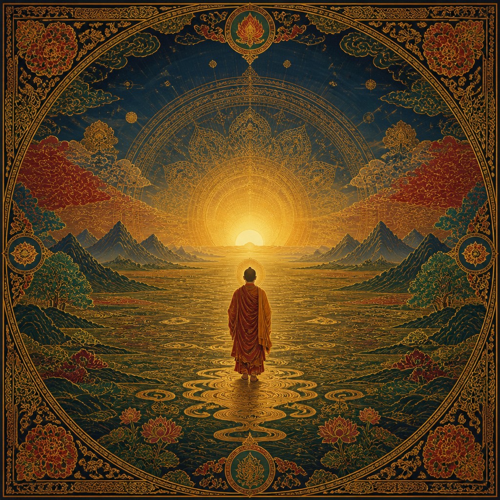 a solitary figure walking toward a glowing horizon across an empty plain, moody atmosphere, no text or lettering