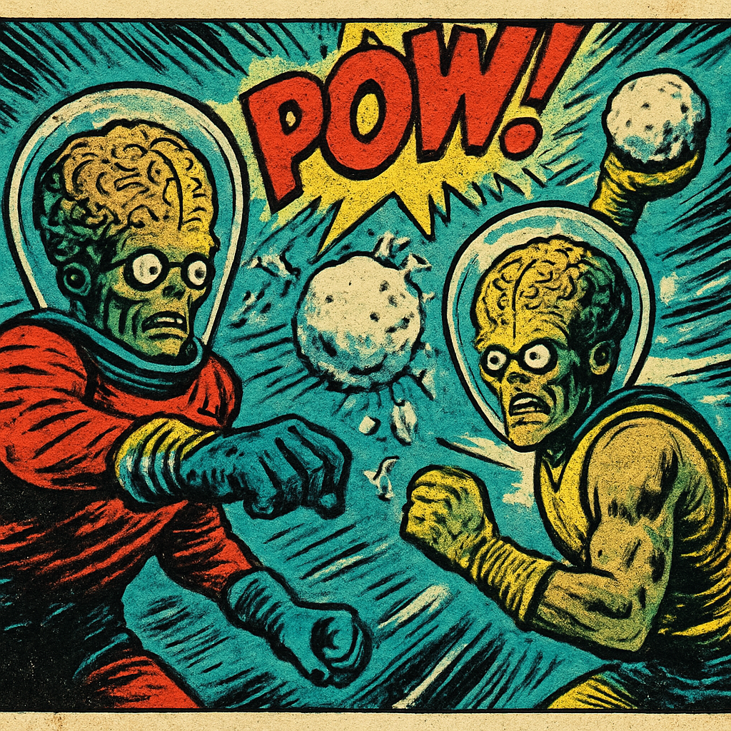 Pro wrestlers with "Mars Attacks" style space bubbles on their head having a snowball fight