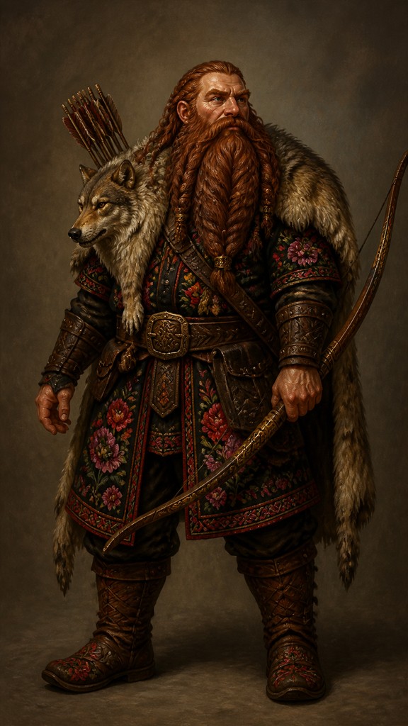 full-body original character: a dwarven ranger with a braided auburn beard, worn leather armor, a longbow and a wolf-pelt cloak, neutral background, no text