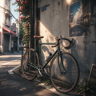 bicyle resting against a wall