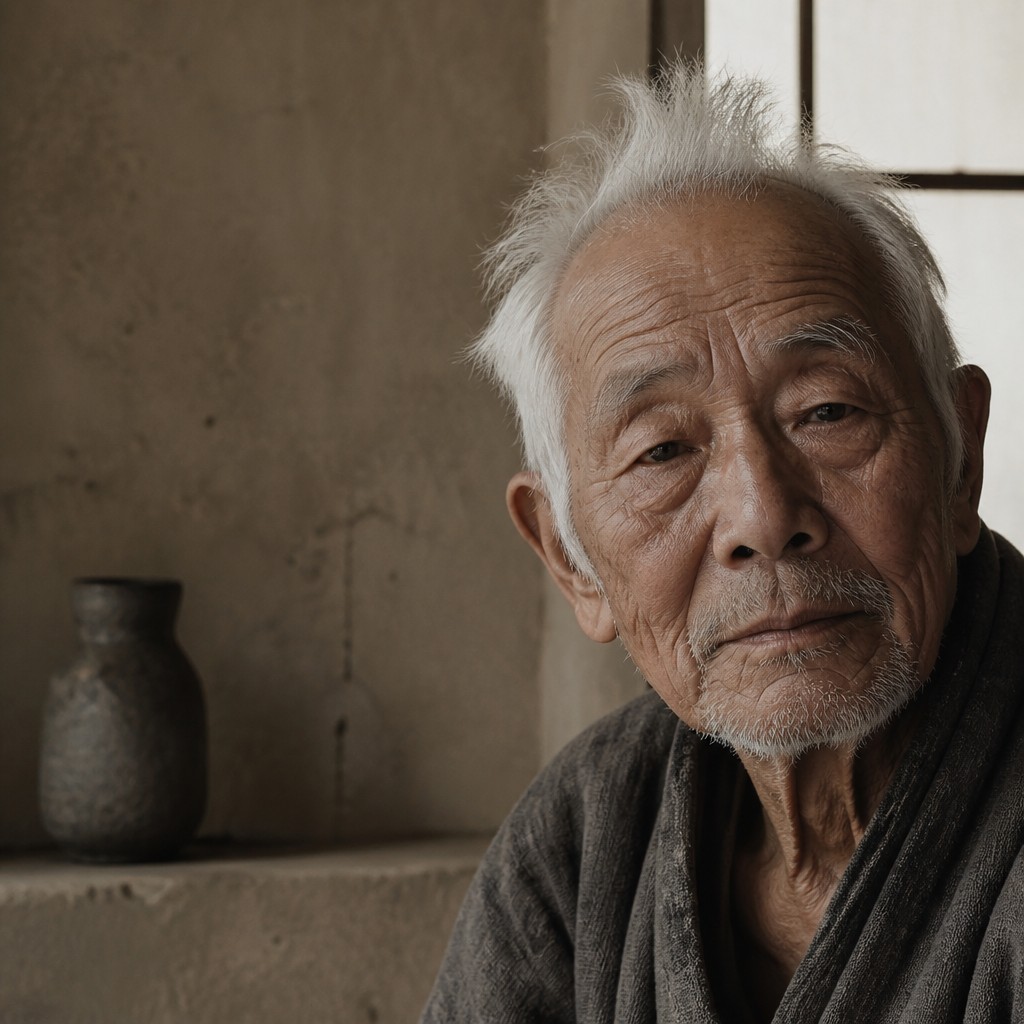 close-up portrait of an elderly person with expressive weathered features — Wabi-Sabi Interior Design