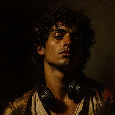 head-and-shoulders portrait of an original character: a young man with curly dark hair and headphones around his neck, plain backdrop, no text