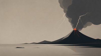 an erupting volcano with lightning strikes, dramatic wide composition, no text