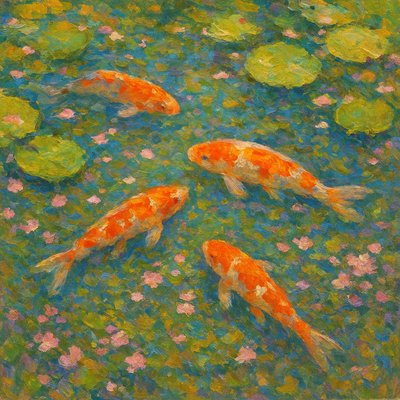 A koi pond seen from above, orange and white koi fish swimming among lily pads, clear water with subtle ripples, fallen cherry blossom petals floating on the surface, dappled sunlight