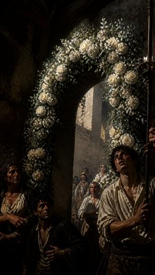 an arch of white roses and eucalyptus in soft morning light, elegant vertical composition with open space, no text