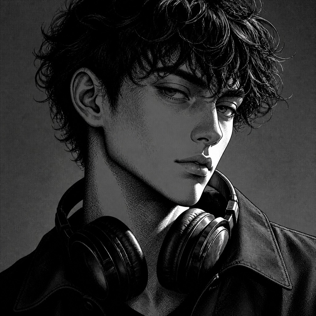 head-and-shoulders portrait of an original character: a young man with curly dark hair and headphones around his neck, plain backdrop, no text