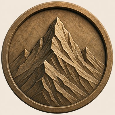 an emblem of a mountain peak inside a circle, simple bold shapes on a plain background, no text or lettering
