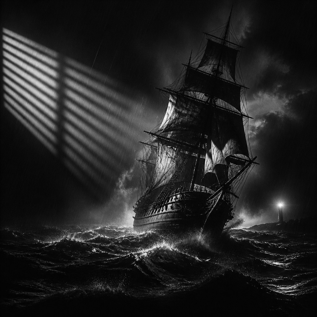 sailing ship on a stormy sea — Film Noir Aesthetic
