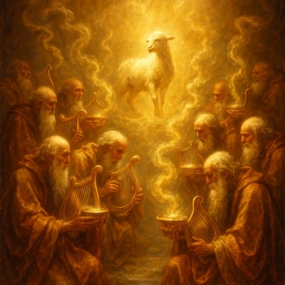 A majestic and reverent scene, directly inspired by Revelation 5:8. A group of elderly, robed figures are kneeling in worship, their faces and attention directed towards a central focal point. Each elder holds a golden harp in one hand and a golden bowl brimming with luminous, swirling incense in the other. The incense, representing the collective prayers of all saints, rises in shimmering, golden tendrils from each bowl, converging and ascending towards the central figure. At the very center of the composition, slightly elevated and bathed in radiant light, stands the Lamb who was slain, embodying divine power and sacrifice, the recipient of all this worship. The atmosphere is ethereal, filled with soft, divine golden light emanating from the incense and the Lamb, emphasizing the precious, sacred, and unified nature of the prayers being offered before Him. Focus on the rich textures of gold, the reverence of the elders, and the radiant presence of the Lamb