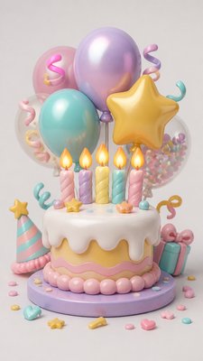 a birthday cake with lit candles surrounded by balloons and confetti, festive vertical composition, no text