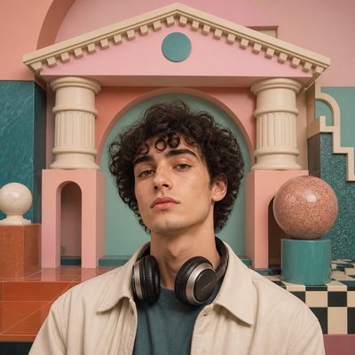 head-and-shoulders portrait of an original character: a young man with curly dark hair and headphones around his neck, plain backdrop, no text