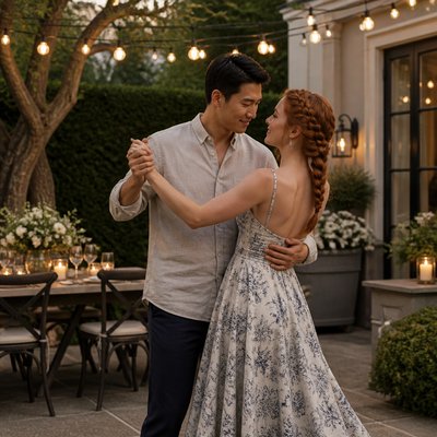 an original couple dancing under string lights in a garden at dusk: a man with short black hair in a linen shirt and a woman with braided red hair in a summer dress