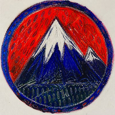 an emblem of a mountain peak inside a circle, simple bold shapes on a plain background, no text or lettering