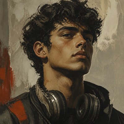 head-and-shoulders portrait of an original character: a young man with curly dark hair and headphones around his neck, plain backdrop, no text