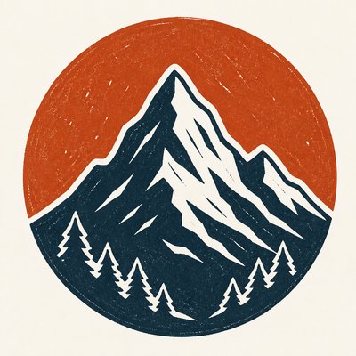 an emblem of a mountain peak inside a circle, simple bold shapes on a plain background, no text or lettering