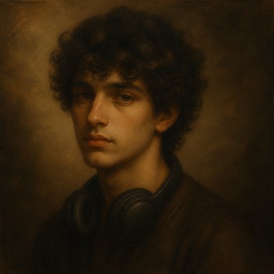 head-and-shoulders portrait of an original character: a young man with curly dark hair and headphones around his neck, plain backdrop, no text