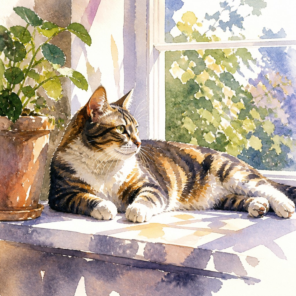 a cat lounging in a sunlit window — Watercolor Painting Style