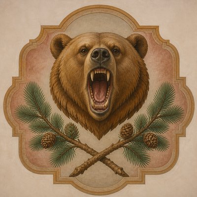 a roaring bear head above crossed pine branches, bold graphic composition on a plain background, no text